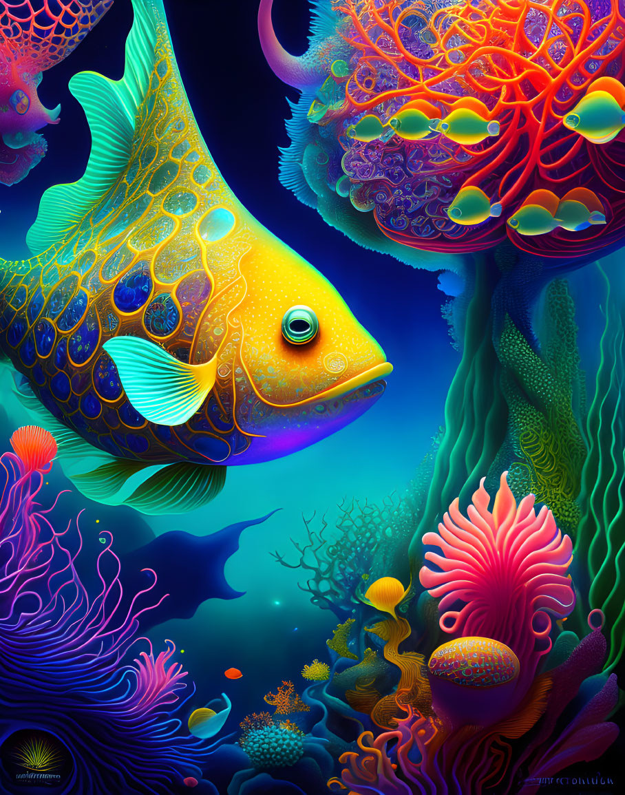 Colorful underwater scene with large yellow fish and vibrant corals