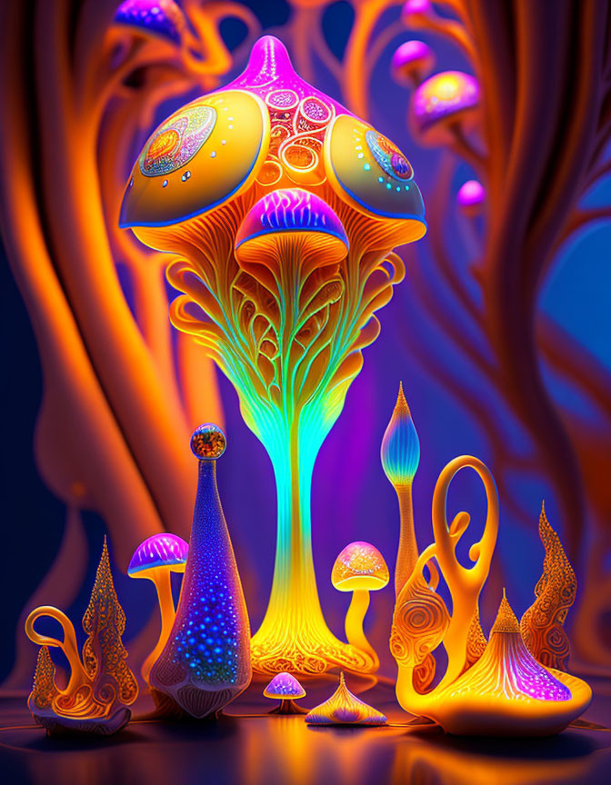 Colorful Psychedelic Artwork: Luminous Mushrooms & Twisting Tree Structures