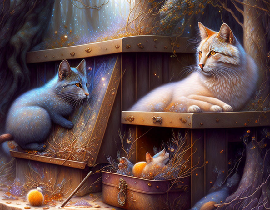 Fantastical Starry-Fur Cats on Wooden Structures in Enchanted Forest