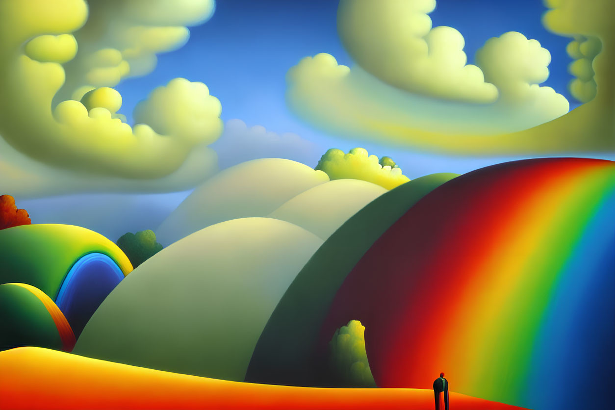 Colorful landscape with rainbow, clouds, and figure in orange field