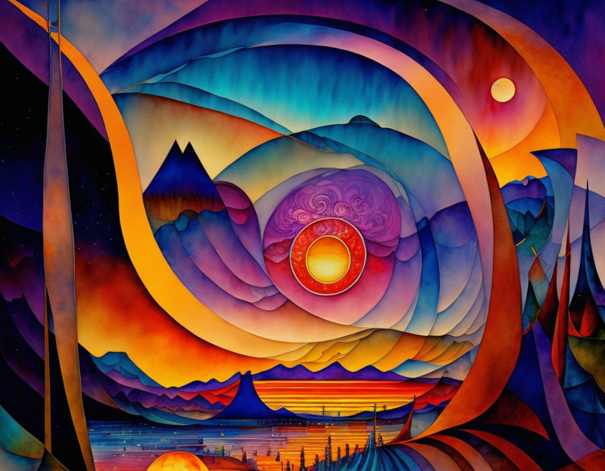 Colorful Abstract Painting with Swirling Landscape Patterns