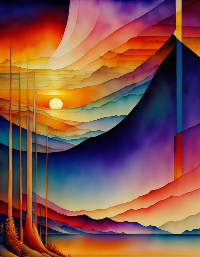 Stylized sunset watercolor painting with layered mountains and silhouetted trees