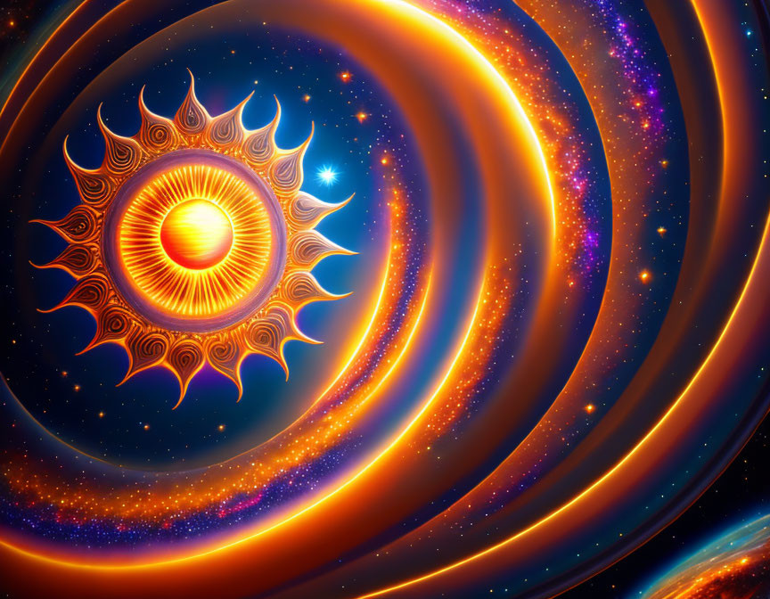 Abstract Sun Design Emitting Spiral Waves on Cosmic Background