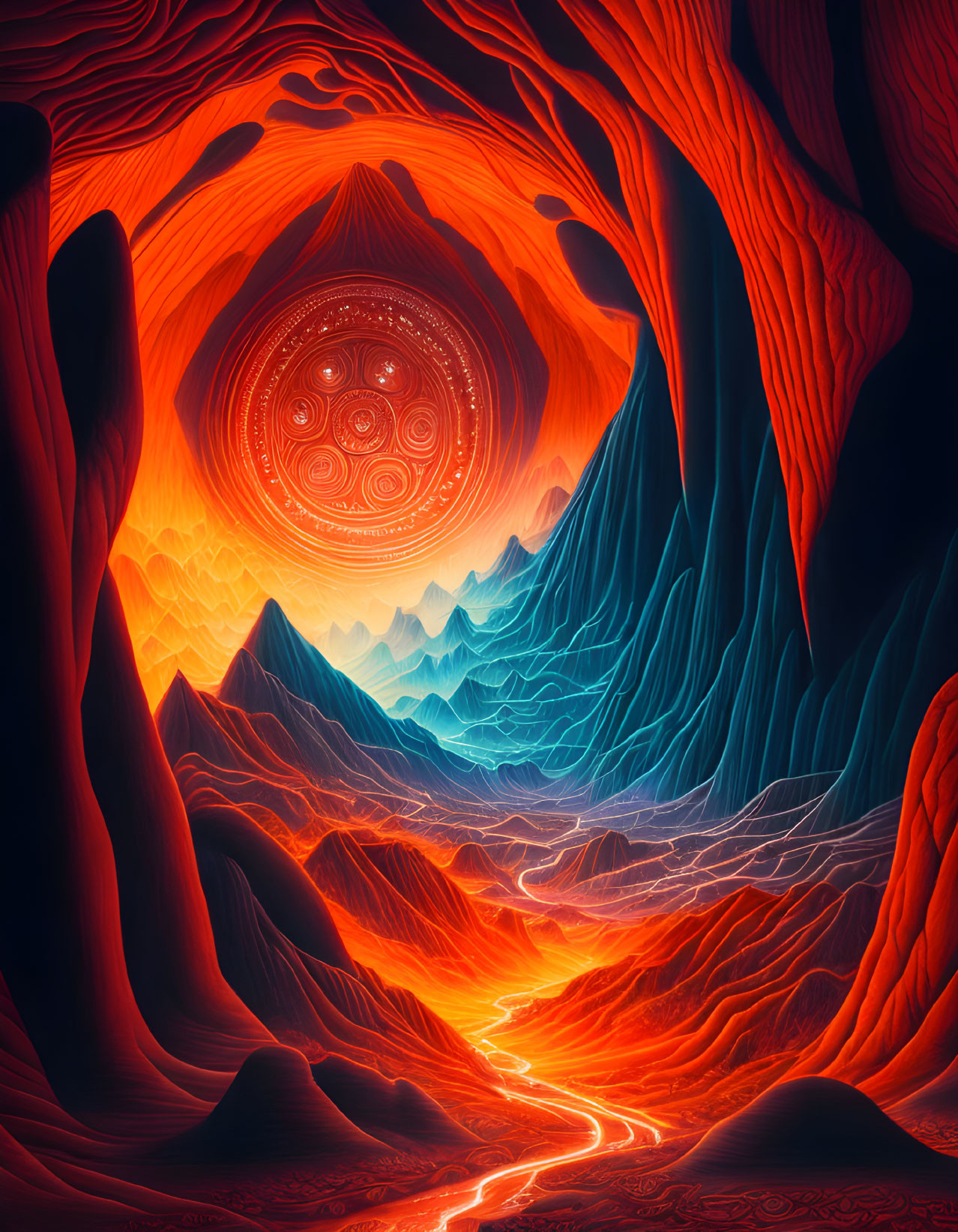 Fantastical digital artwork of fiery landscape with glowing rivers