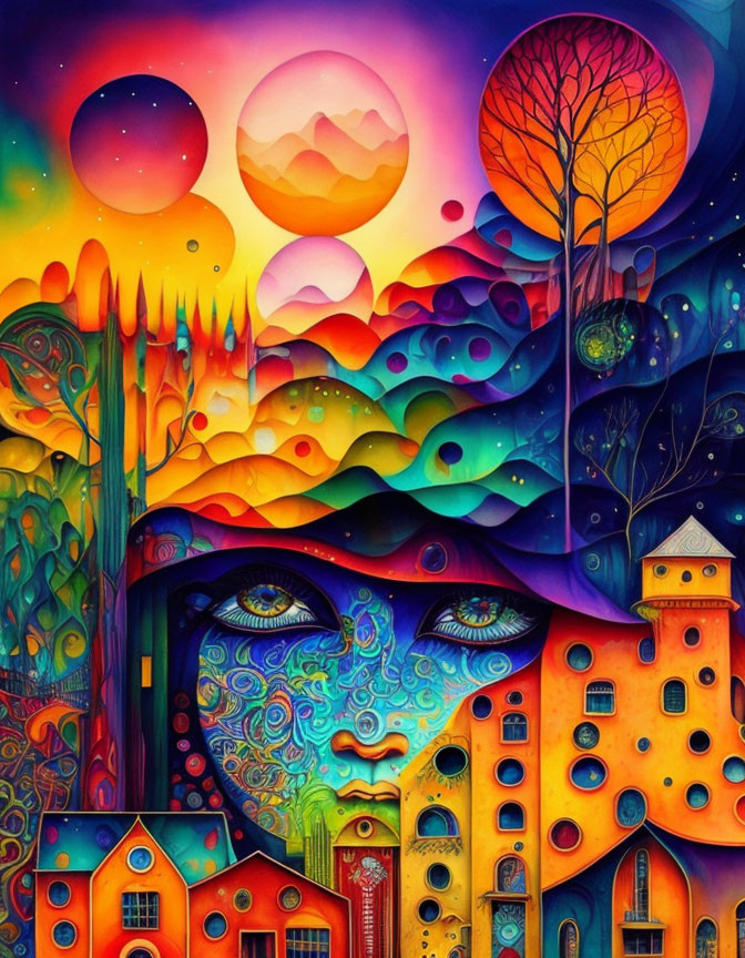 Colorful surrealist artwork: face in vibrant landscape