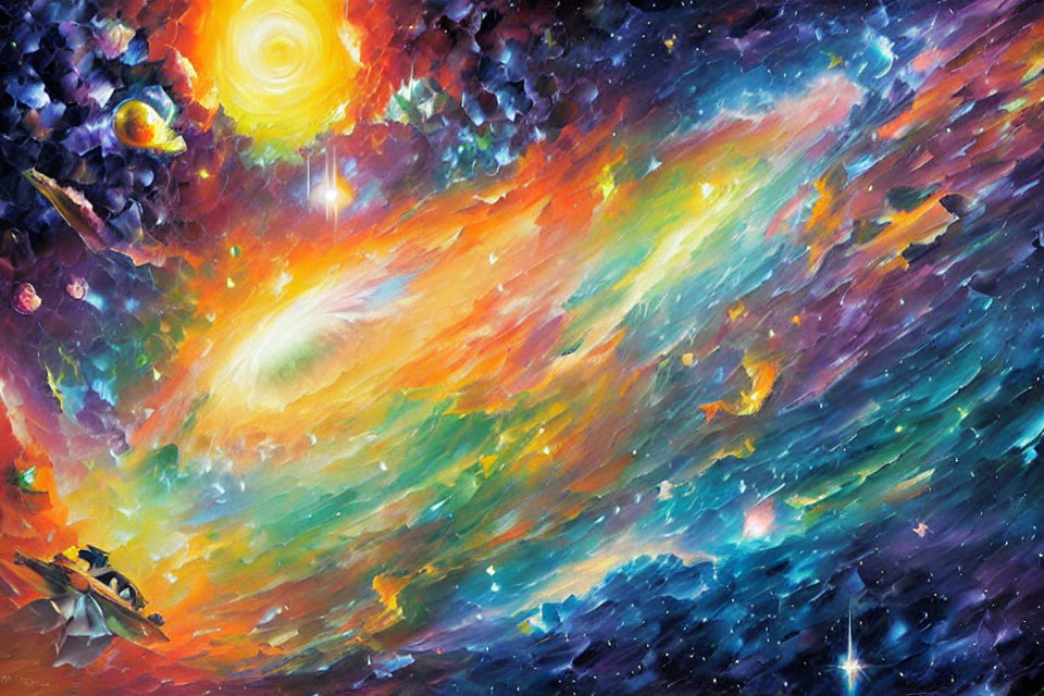 Colorful cosmic scene with galaxy, stars, and spacecraft