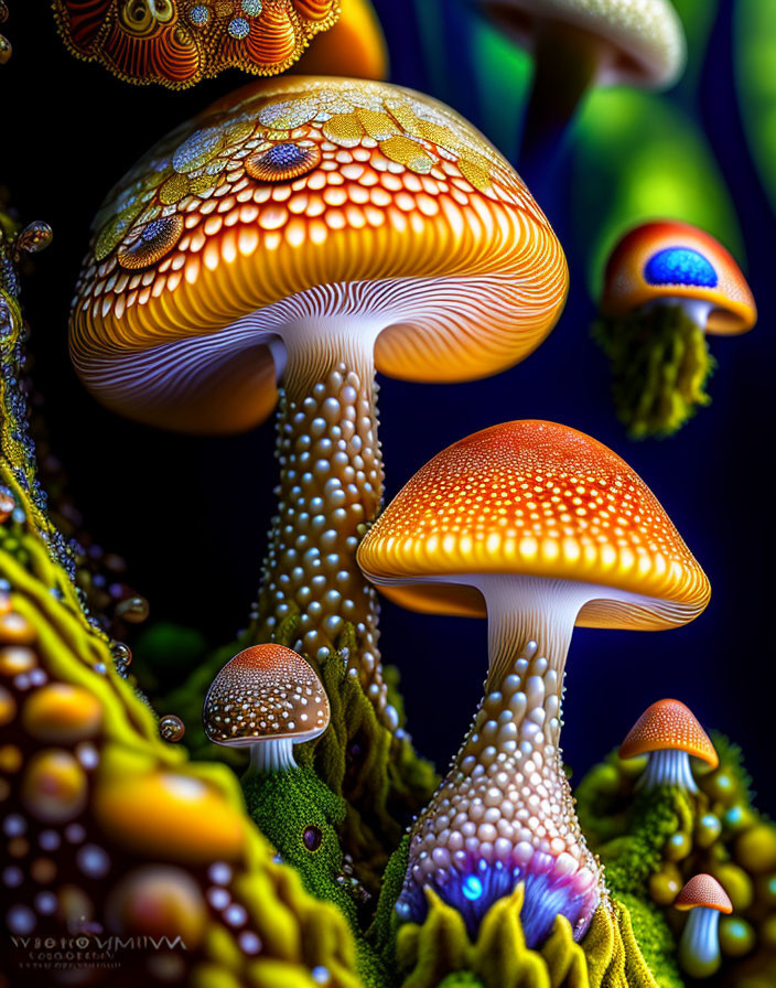 Colorful Stylized Mushroom Art on Dark Background