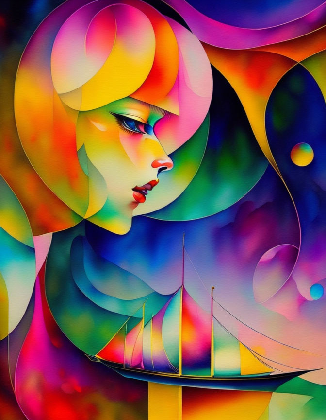 Colorful Abstract Art: Stylized Female Figure with Sailboat