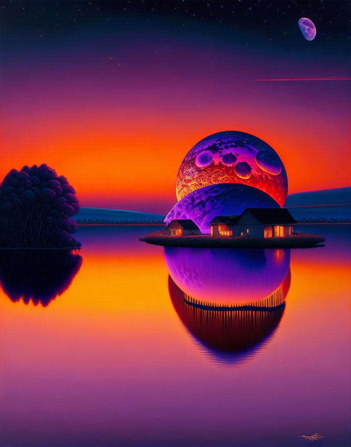 Surreal landscape with house on island under large purple moon