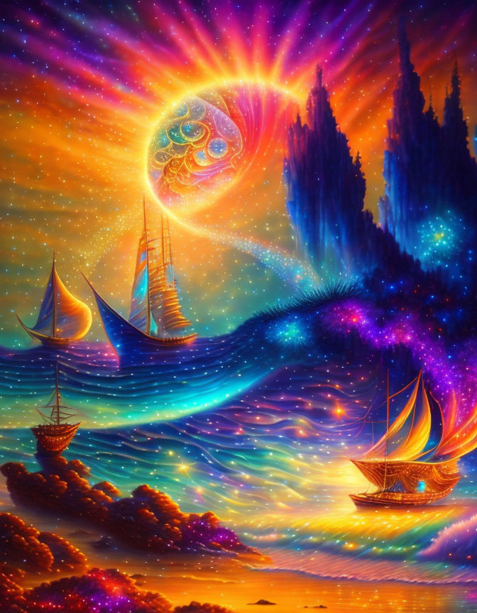 Surreal artwork of ships on cosmic waves under radiant galaxy