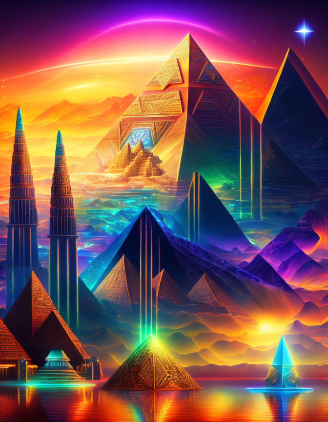 Glowing hieroglyphs on futuristic pyramids under iridescent sky