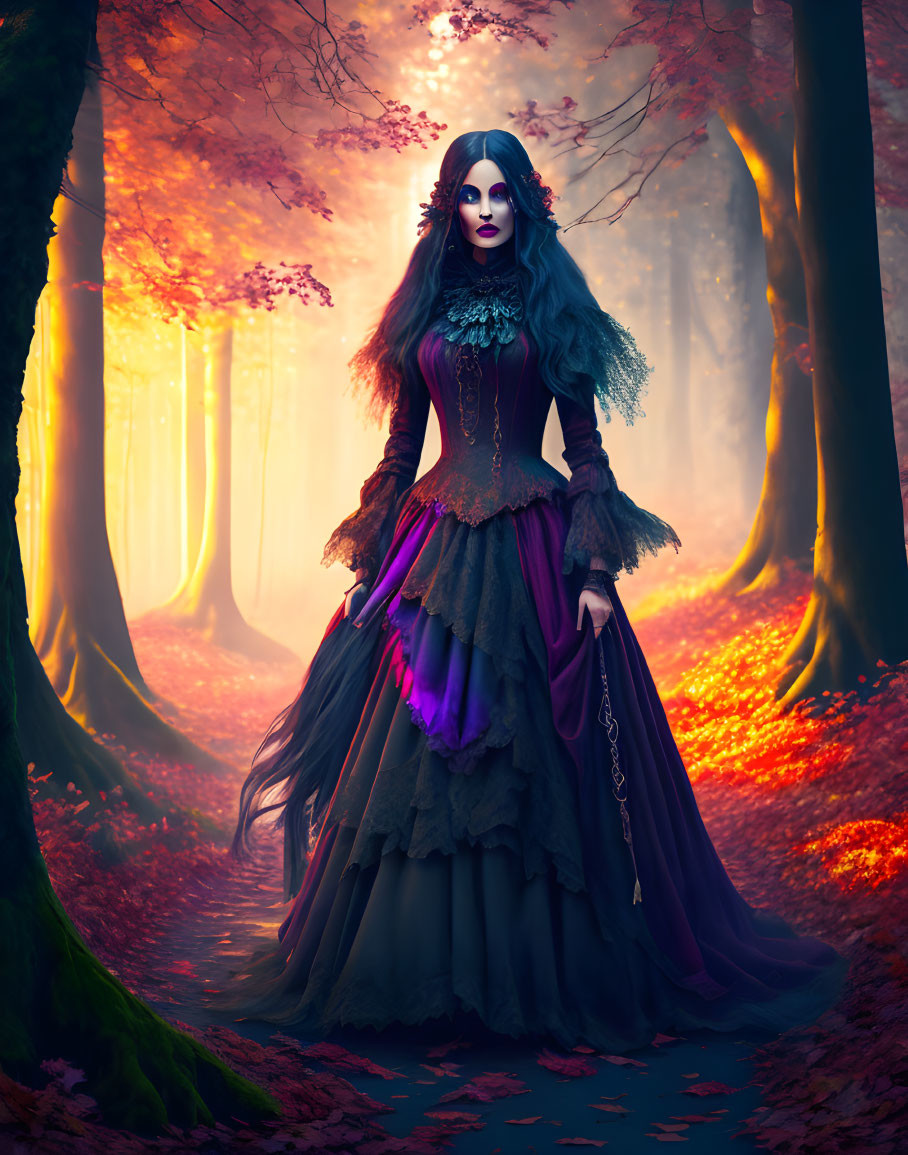 Woman in gothic dress in mystical autumn forest with red leaves.