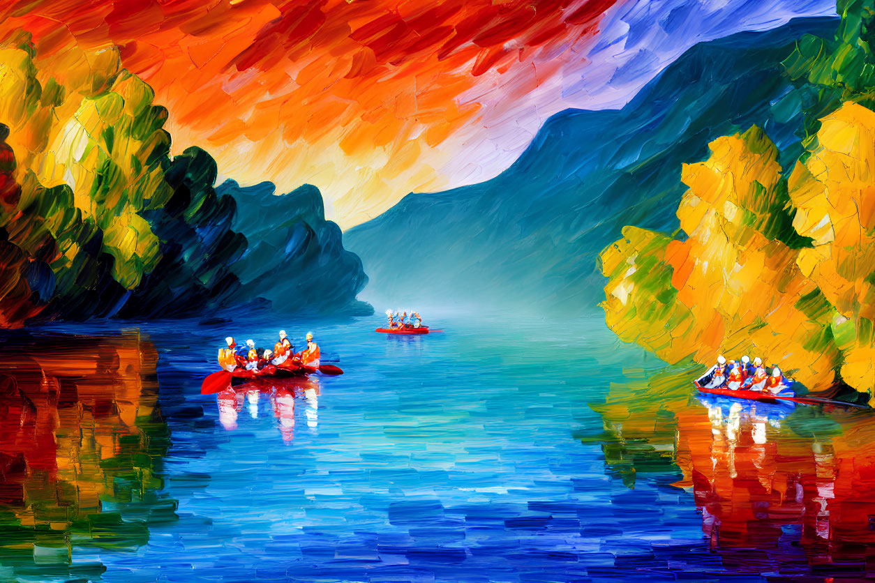 Colorful oil painting: Kayakers on serene river with autumn trees & sunset skies.