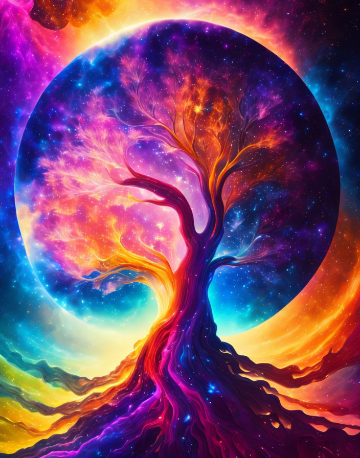 Colorful Cosmic Tree Against Galaxy Backdrop in Warm to Cool Neon Palette