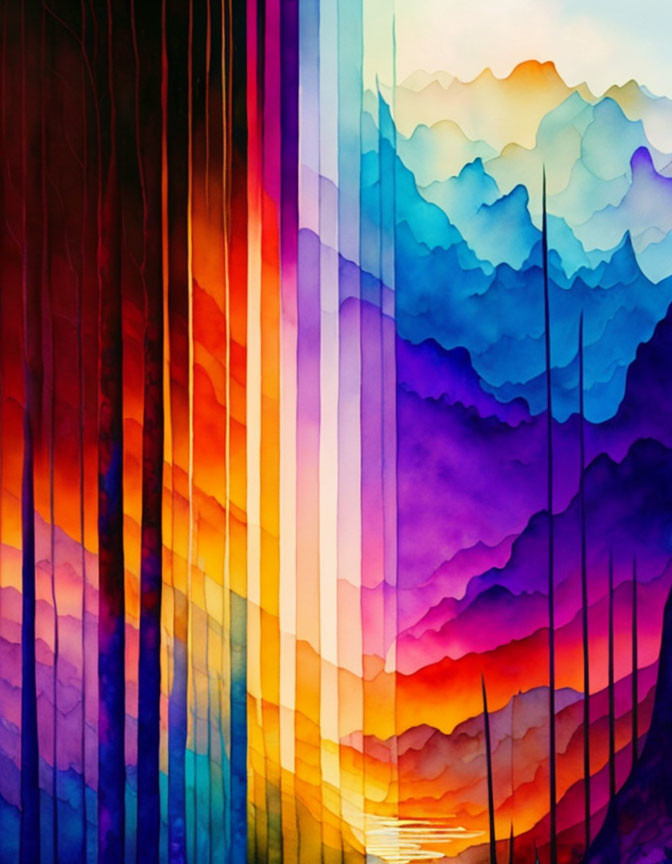 Colorful Watercolor Painting of Mountain Layers and Gradient Sunset Sky