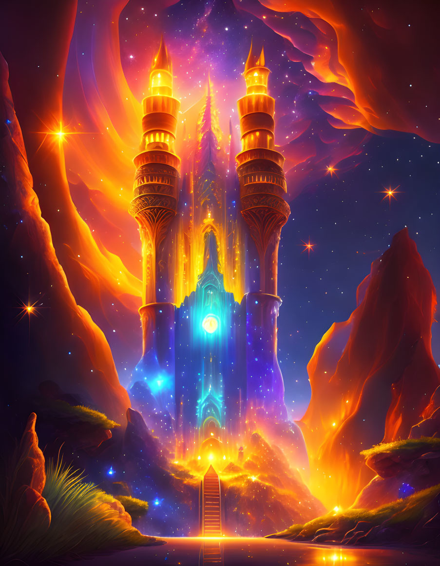 Fantasy castle with glowing towers in cosmic setting