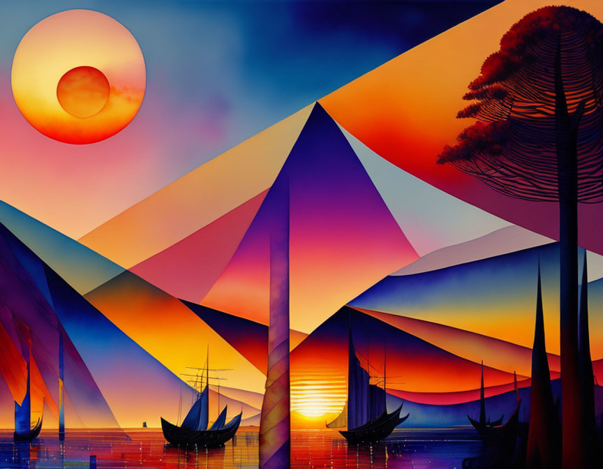 Colorful Abstract Landscape with Geometric Shapes, Boats, Sunset, Red Sun, and Silhou