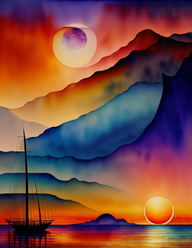 Colorful Seascape Painting with Sailboat, Wharf, and Celestial Orbs