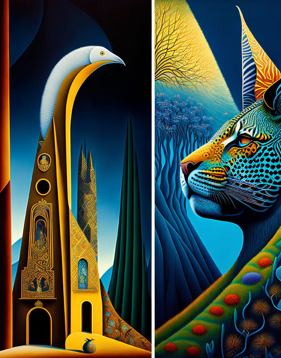 Split surreal artwork: pharaoh-like figure with long-necked bird merged on left, colorful jaguar