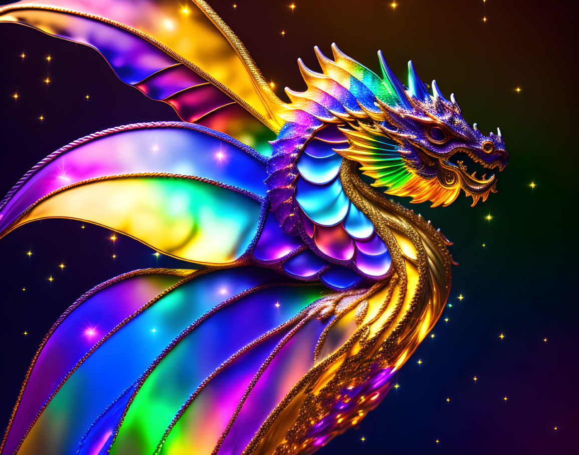 Colorful Mythical Dragon Artwork with Shimmering Wings and Scaly Body