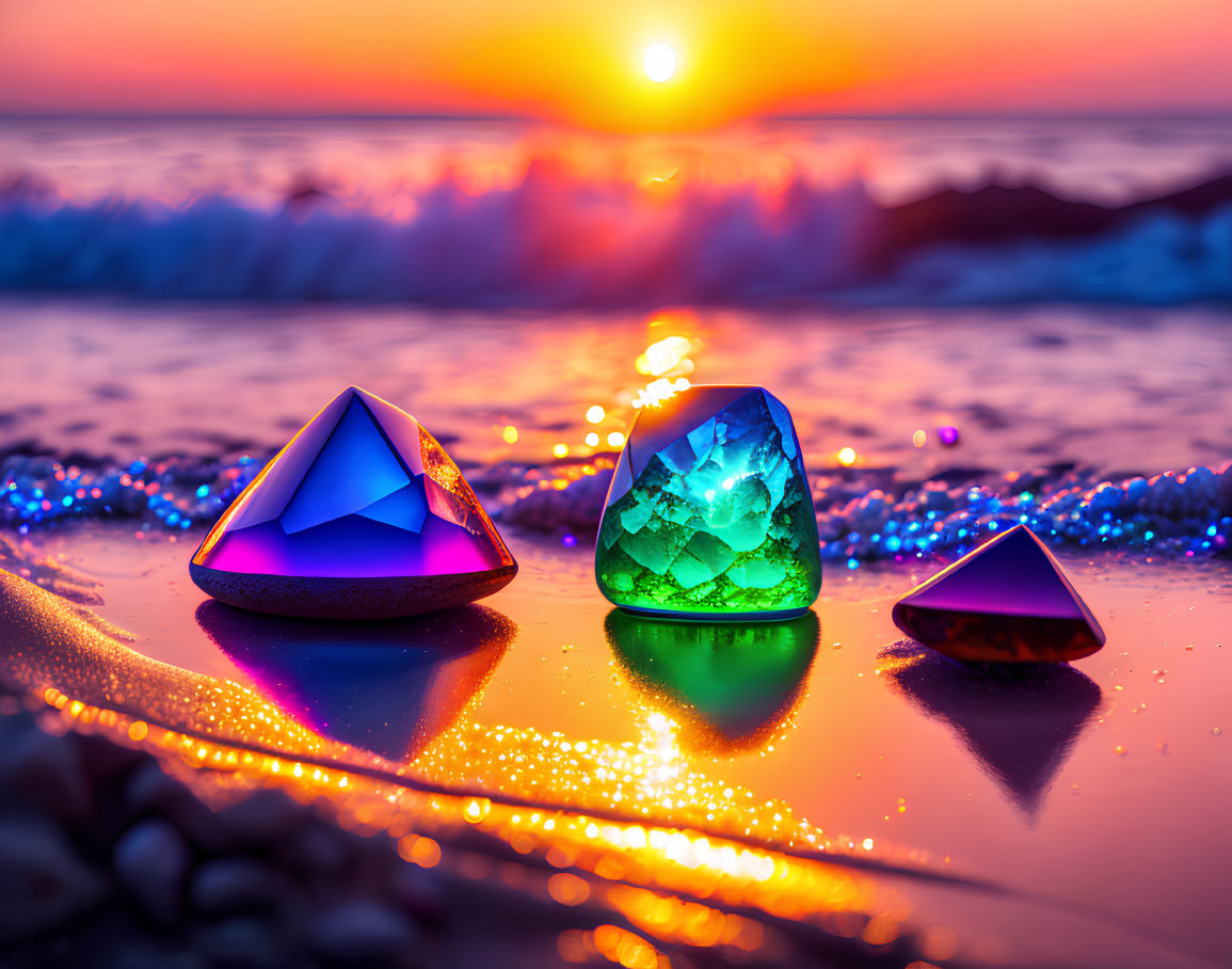 Vibrant Illuminated Crystals on Beach at Sunset