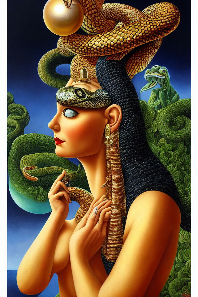 Colorful painting of woman with snake hair, surreal mythological theme