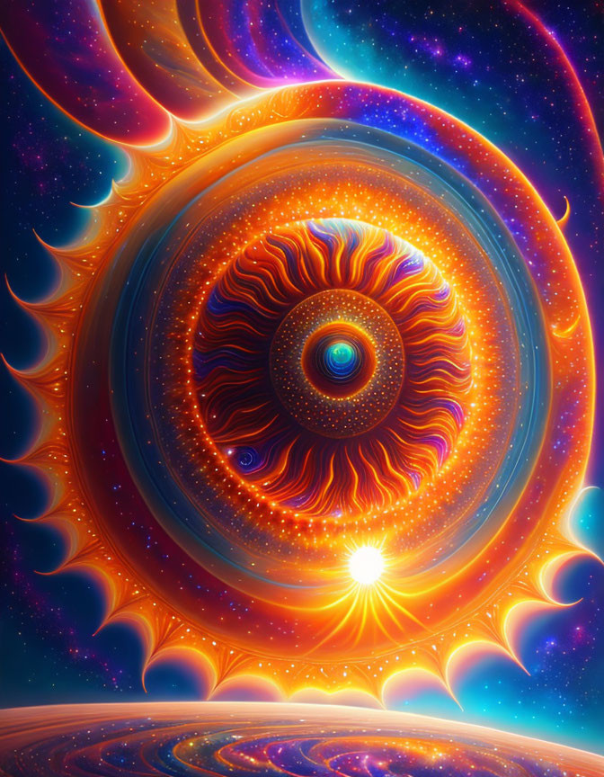 Colorful Psychedelic Digital Artwork: Cosmic Eye Vortex in Orange, Blue, and Purple