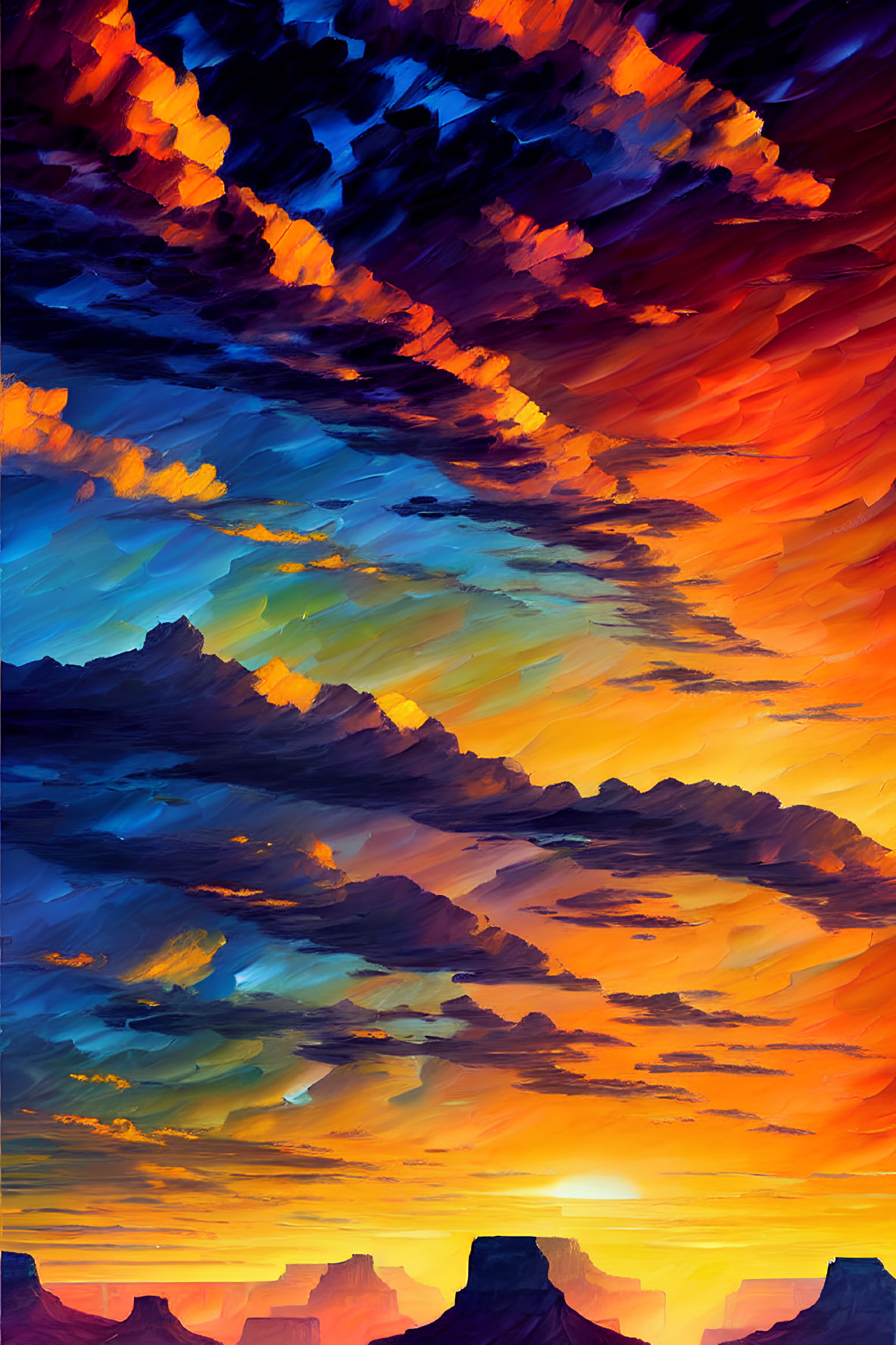 Colorful sunset digital art over mountain silhouettes