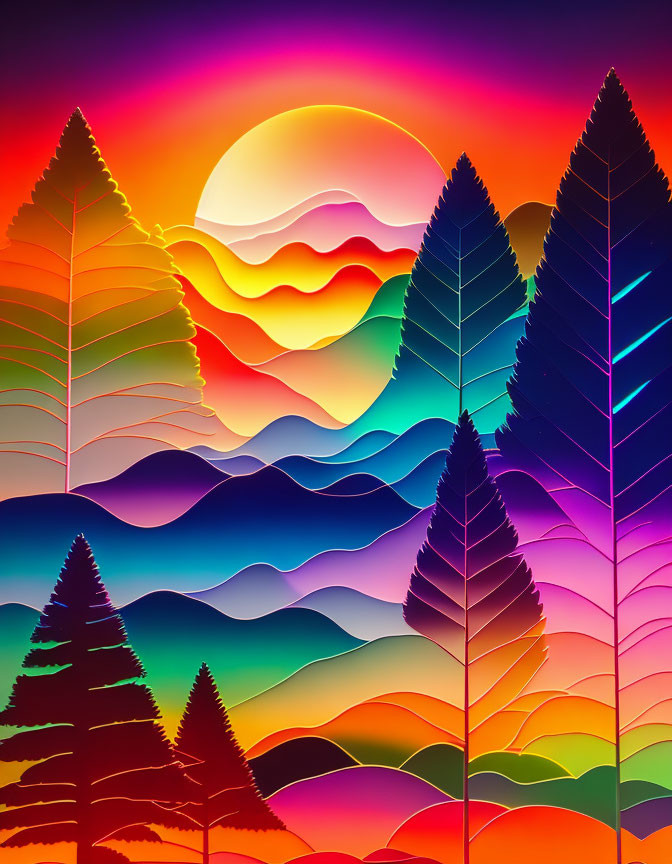 Colorful Digital Artwork: Silhouetted Trees, Gradient Sky