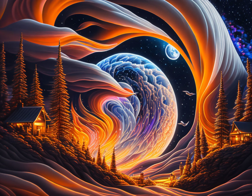 Surrealist nightscape with swirling sky patterns, pine trees, cozy cabins, starry sky,