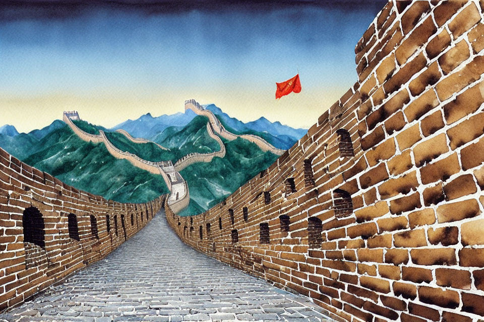 Great Wall of China watercolor painting with red flag in mountainous landscape