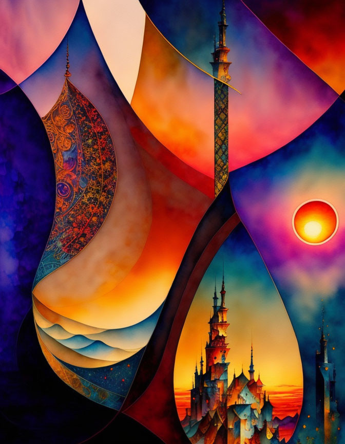 Abstract fantasy landscape art with stylized towers and colorful sunset sky