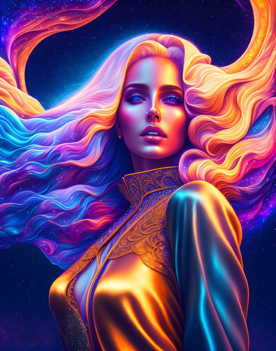 Colorful digital artwork: Woman with multicolored hair in cosmic setting