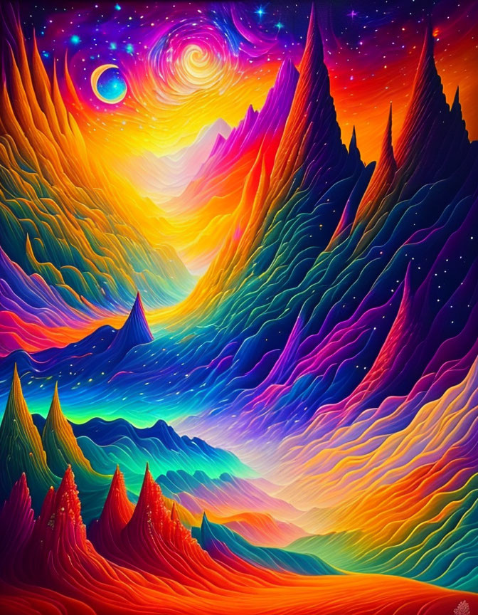 Colorful Psychedelic Digital Art: Rolling Mountains Under Starry Sky