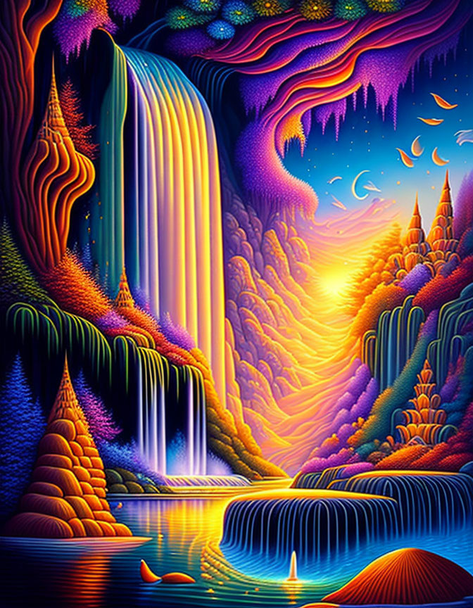 Fantasy landscape with waterfalls, sunset, and castle spires