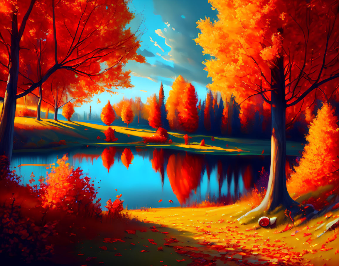 Fiery orange and red trees reflecting on tranquil lake in autumn