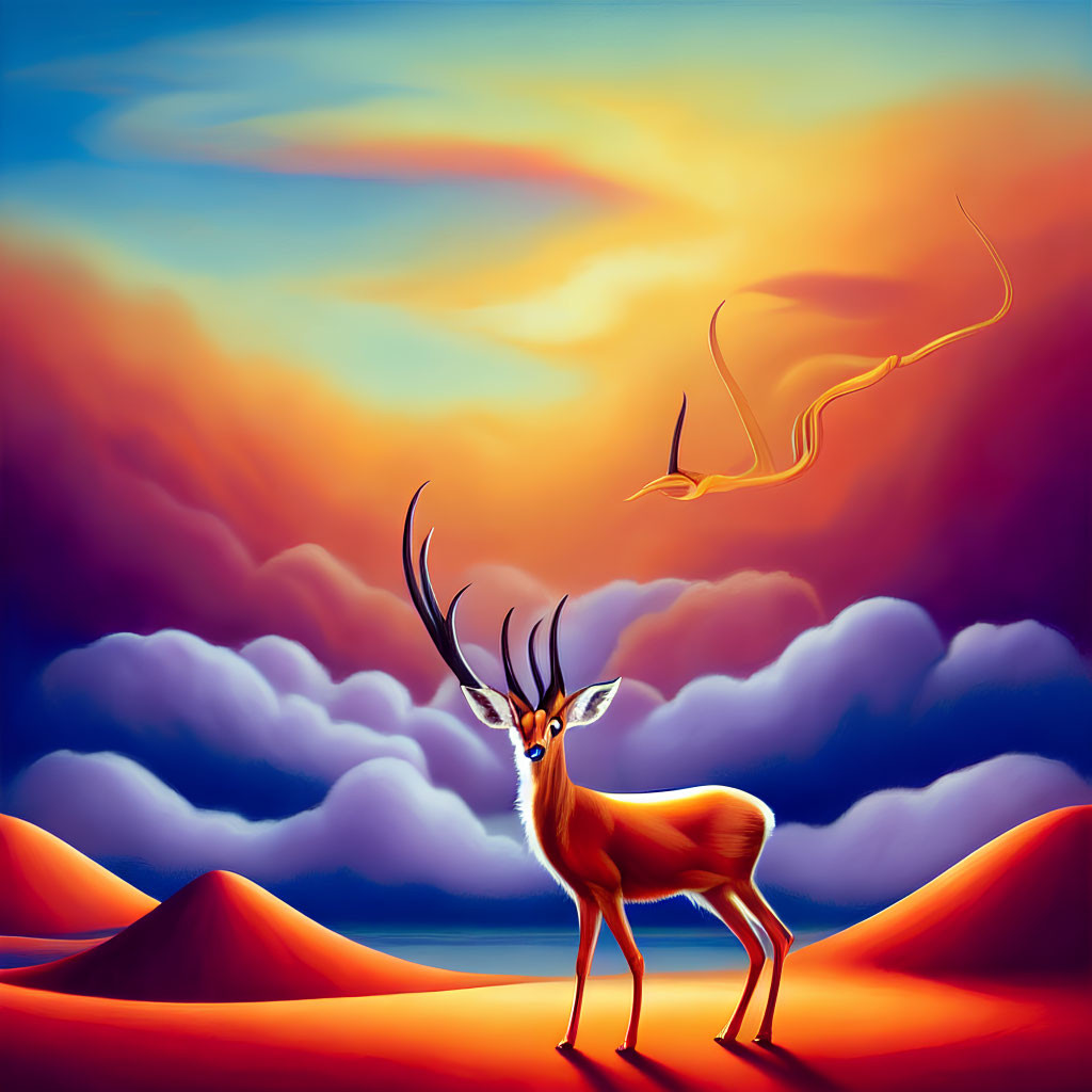 Surreal antelope with twisting horns in vibrant landscape