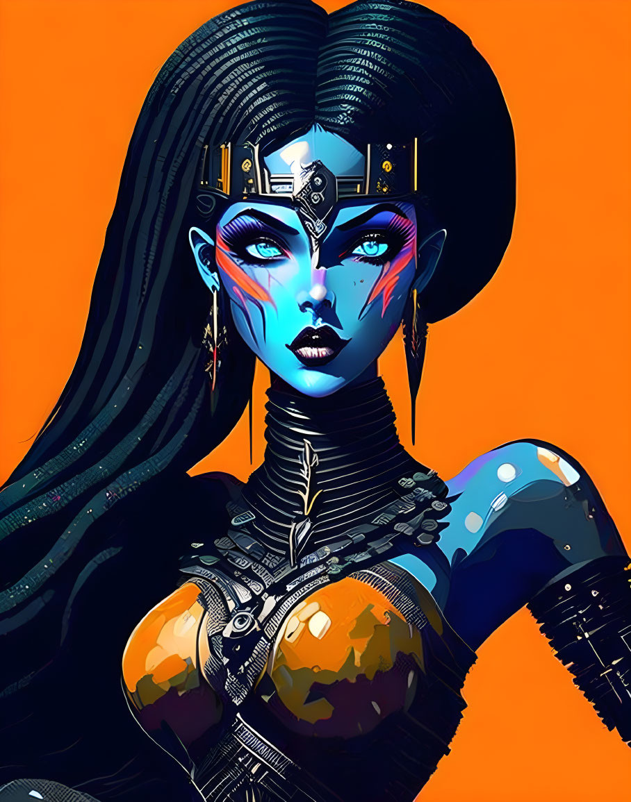 Colorful depiction of blue-skinned woman in futuristic attire with striking makeup and elaborate headgear on orange