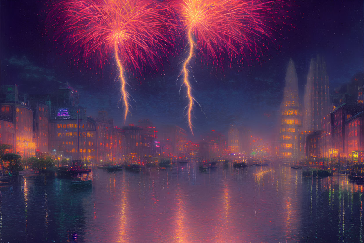 Cityscape at Night with Fireworks and Lightning Over Misty Cityscape