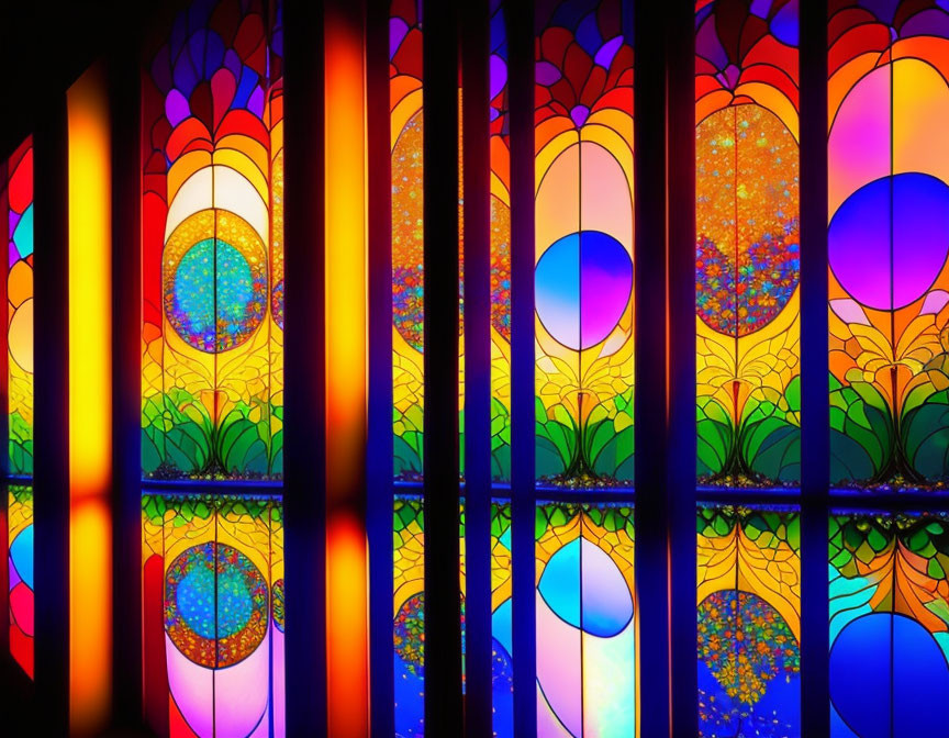 Vibrant geometric stained glass windows in red, blue, yellow, and orange