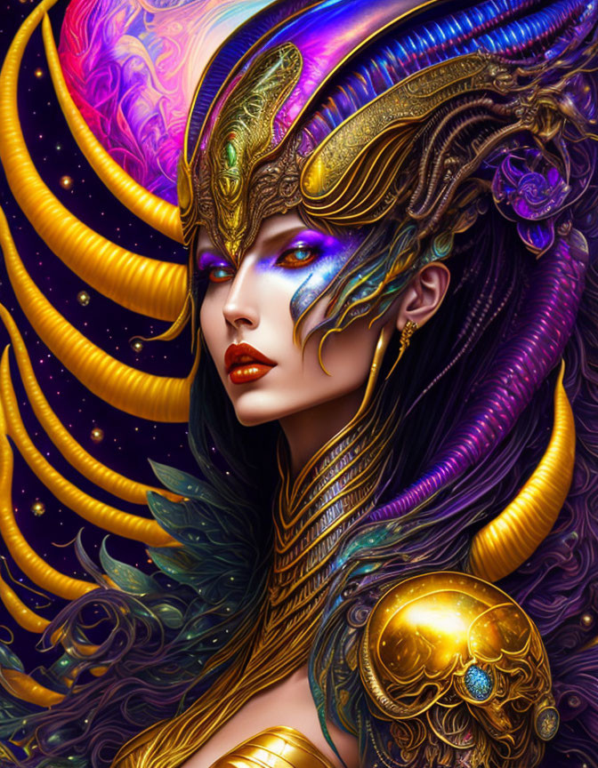 Colorful digital artwork: Woman with golden headdress & cosmic background