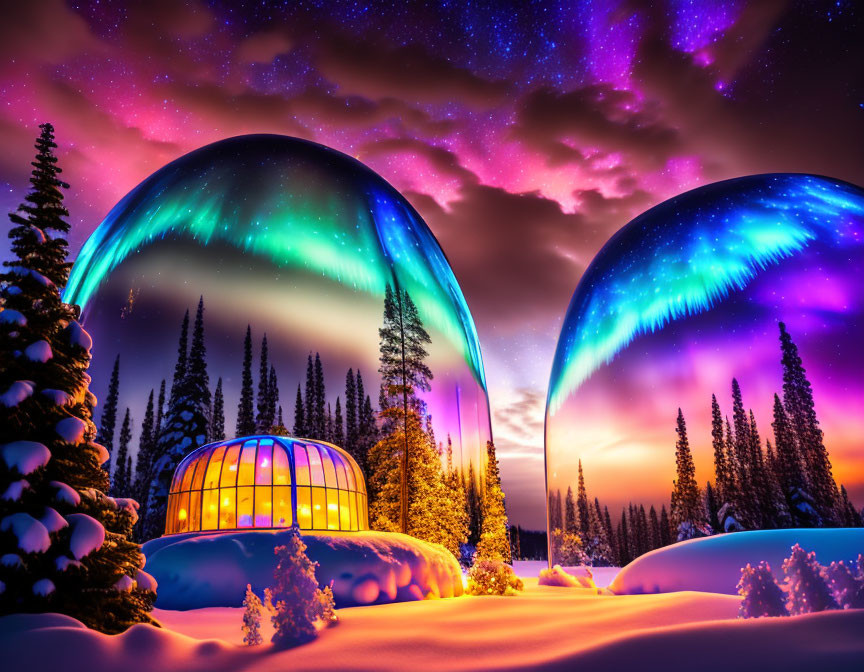 Glass Igloos Glowing in Northern Lights Amid Winter Scene