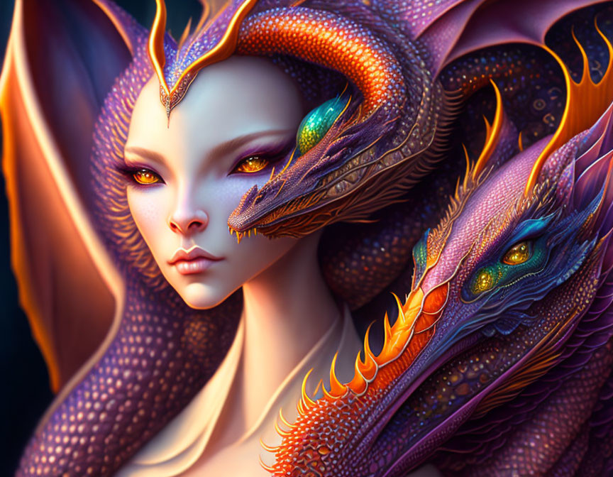 Woman with Dragon-like Features and Serpentine Creatures Entwined