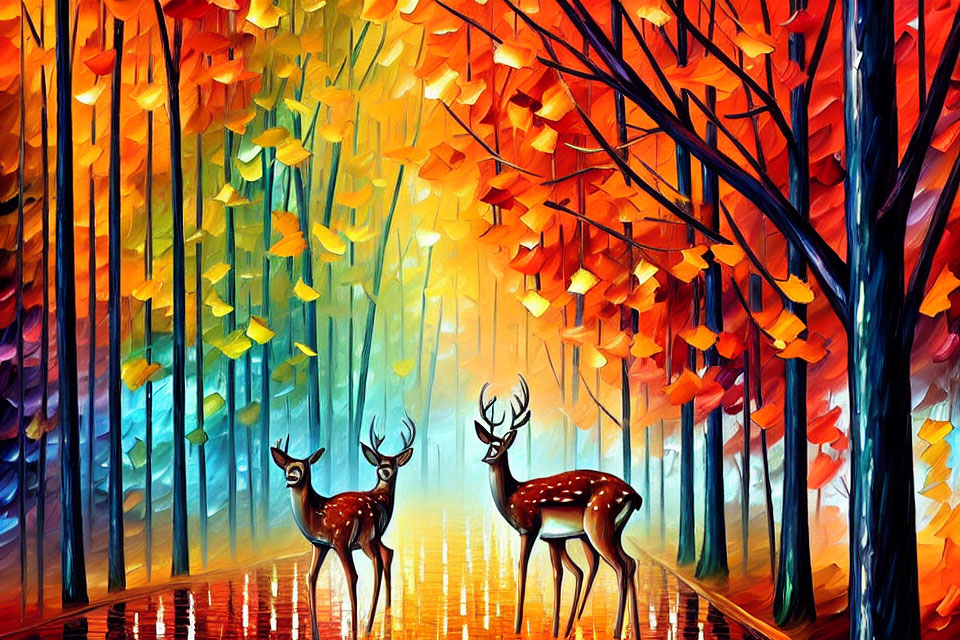 Vibrant forest scene with two deer and colorful trees