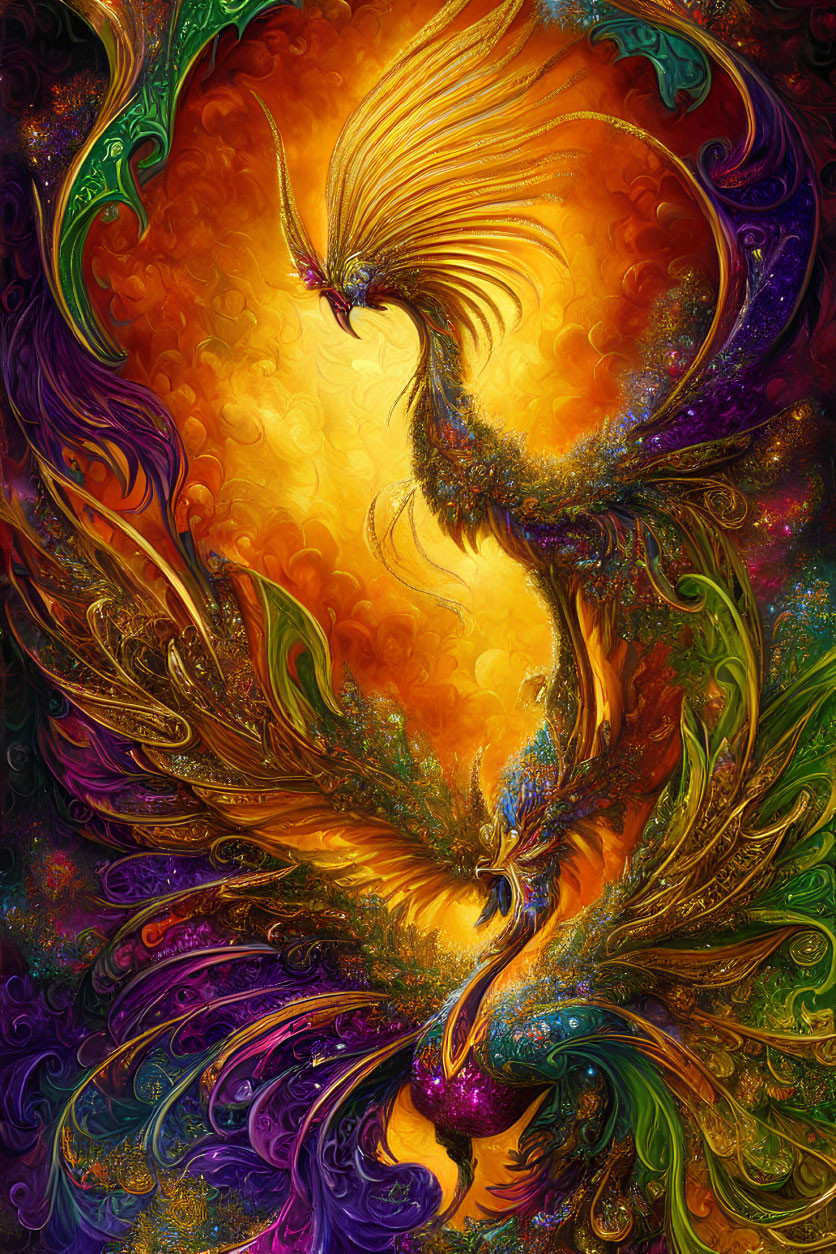 Colorful Abstract Art: Vibrant Phoenixes with Fiery Plumage