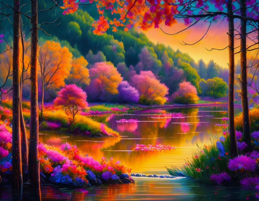 Colorful Blooming Trees Along Serene River at Sunset