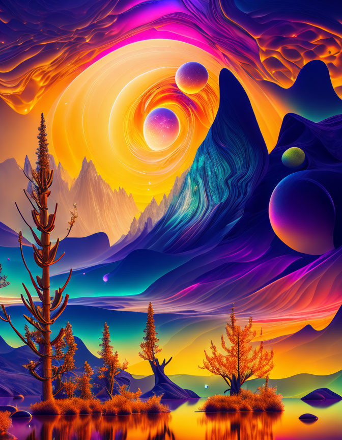 Surreal landscape digital art with swirling skies and vivid colors