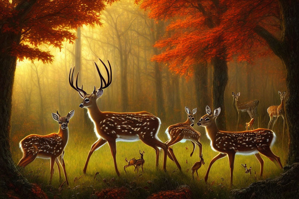 Tranquil forest scene with deer in golden autumn light