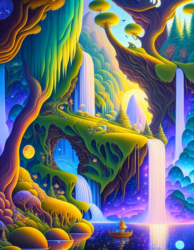 Colorful Fantasy Landscape with Waterfalls, Forests, and Mystical Trees at Night