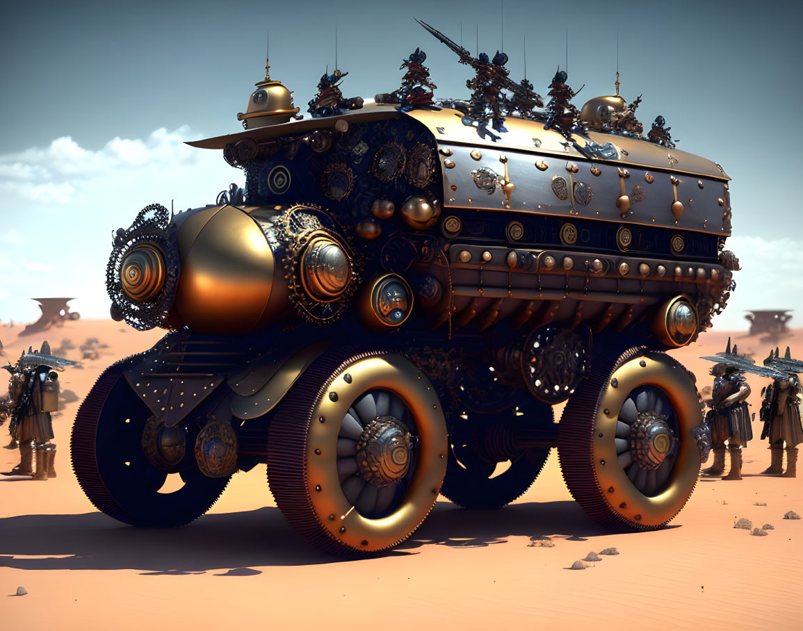 Steampunk vehicle with intricate gears in desert landscape